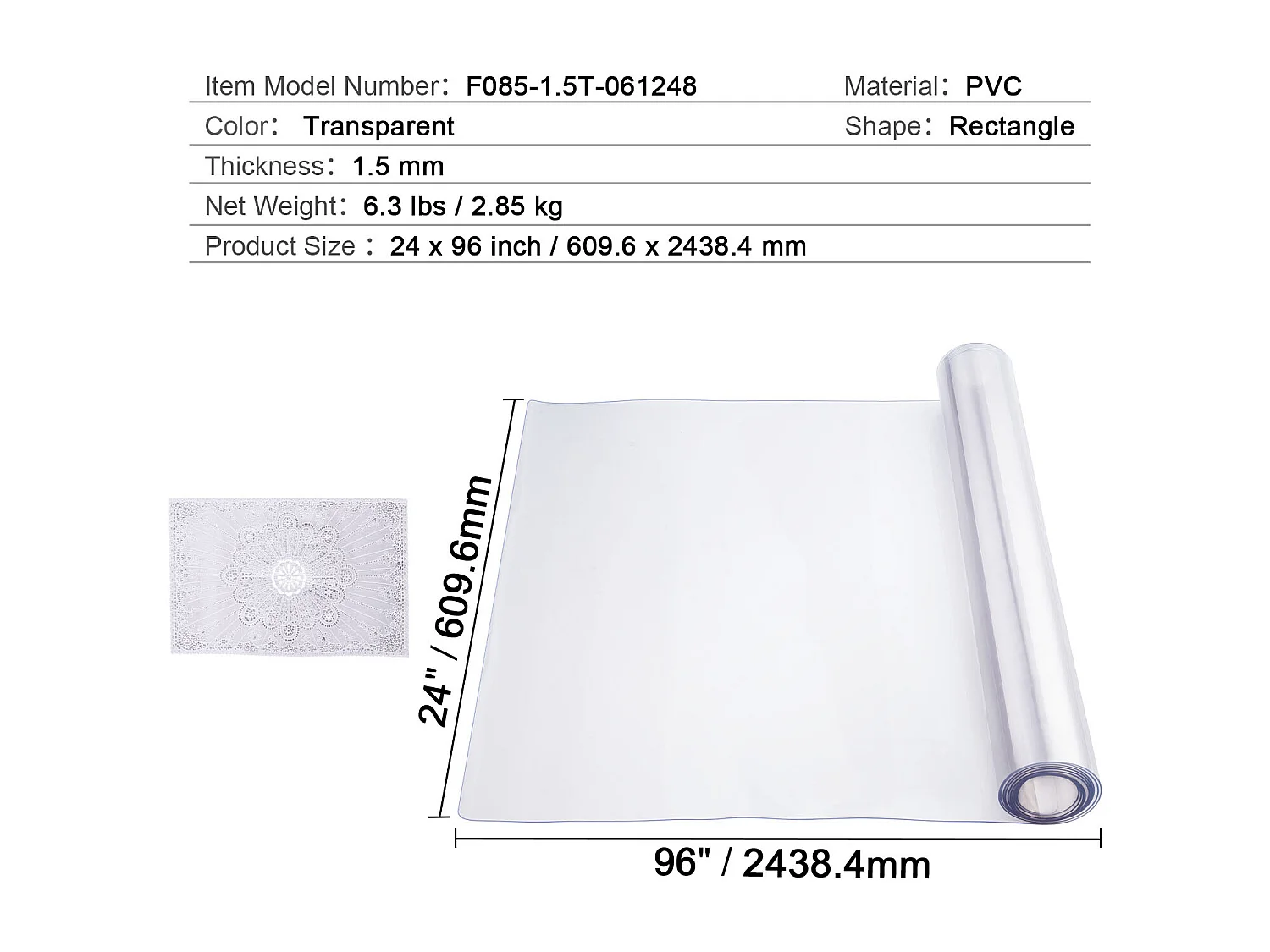 Transparant Tafelkleed SucceBuy PVC Tafelbeschermer, 61 x 243 cm Doorzichtige Plastic Bureau-Onderlegger, 1,5 mm Dik