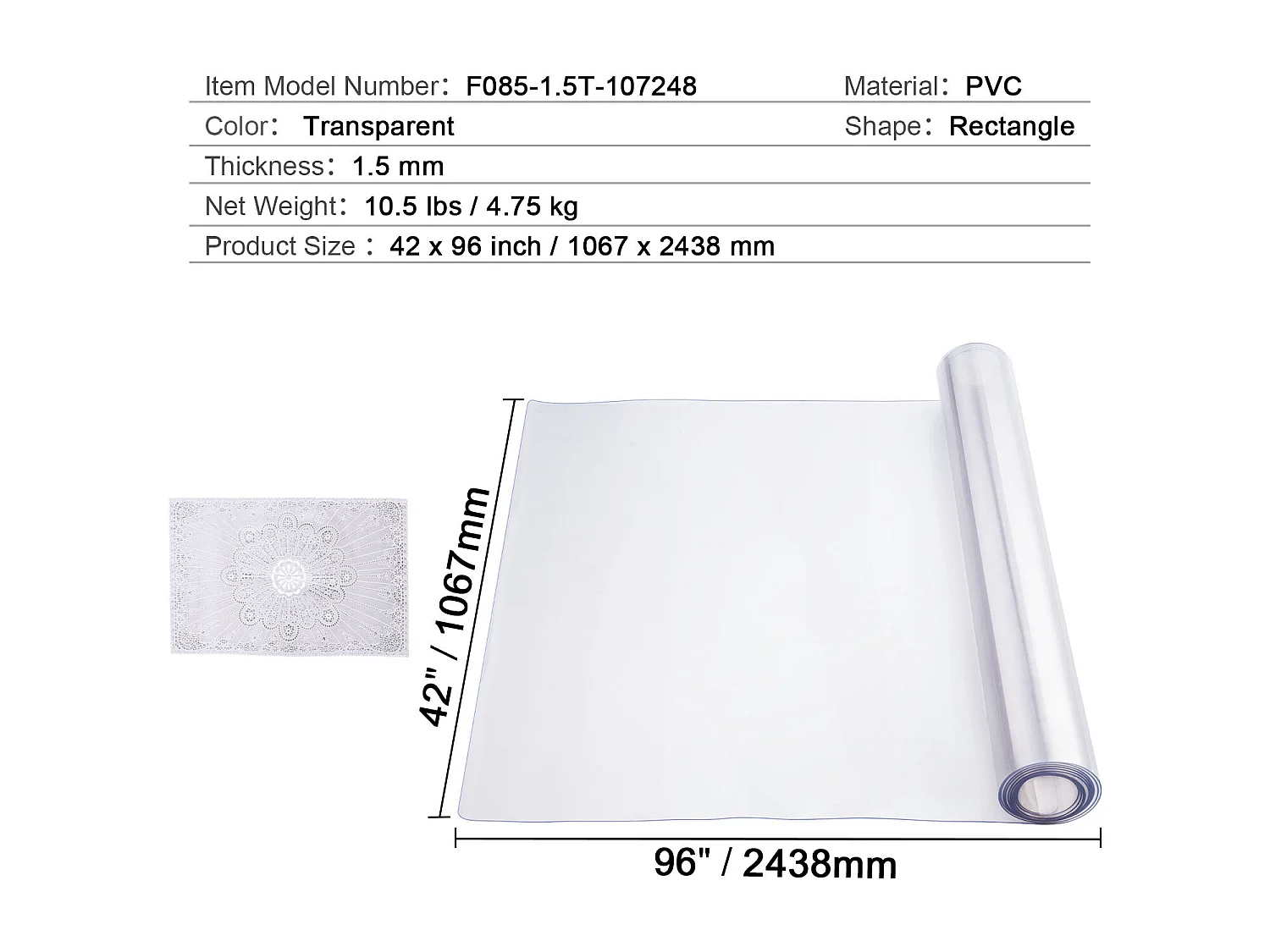 Nappe Transparente SucceBuy Protecteur de Table en PVC 106.68 x 243.84 cm Protecteur de Bureau en Plastique Transparent 1.5 mm d'Épaisseur