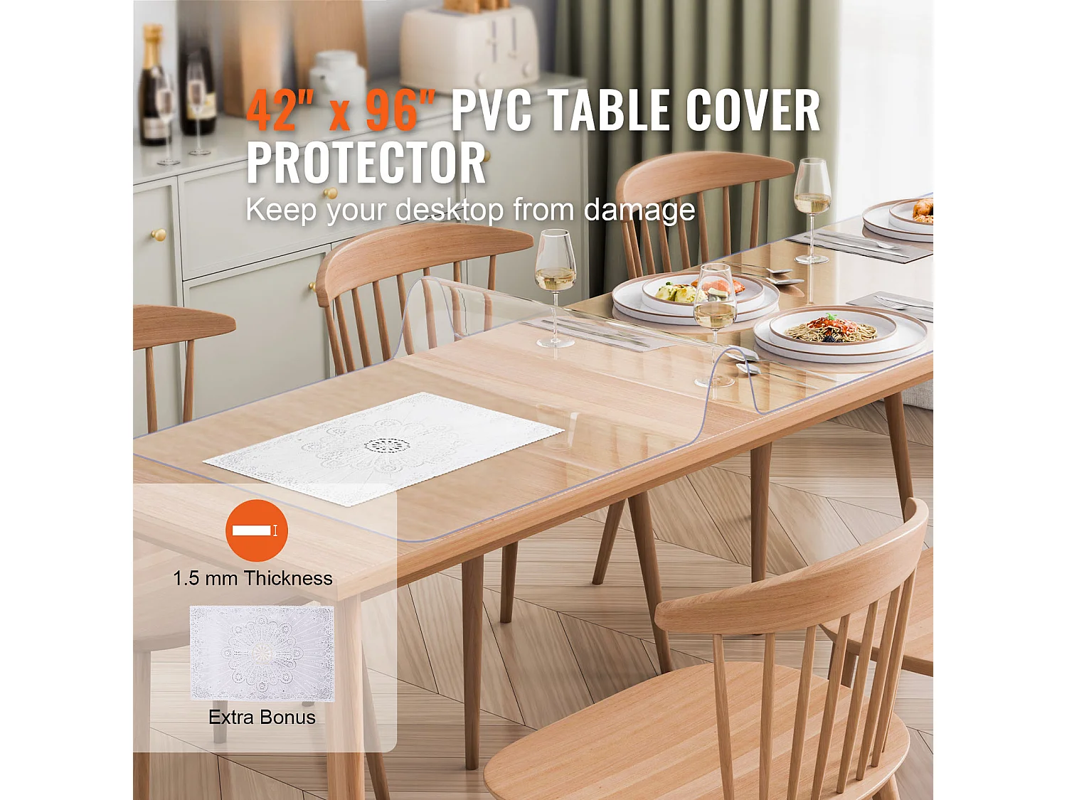 Nappe Transparente SucceBuy Protecteur de Table en PVC 106.68 x 243.84 cm Protecteur de Bureau en Plastique Transparent 1.5 mm d'Épaisseur