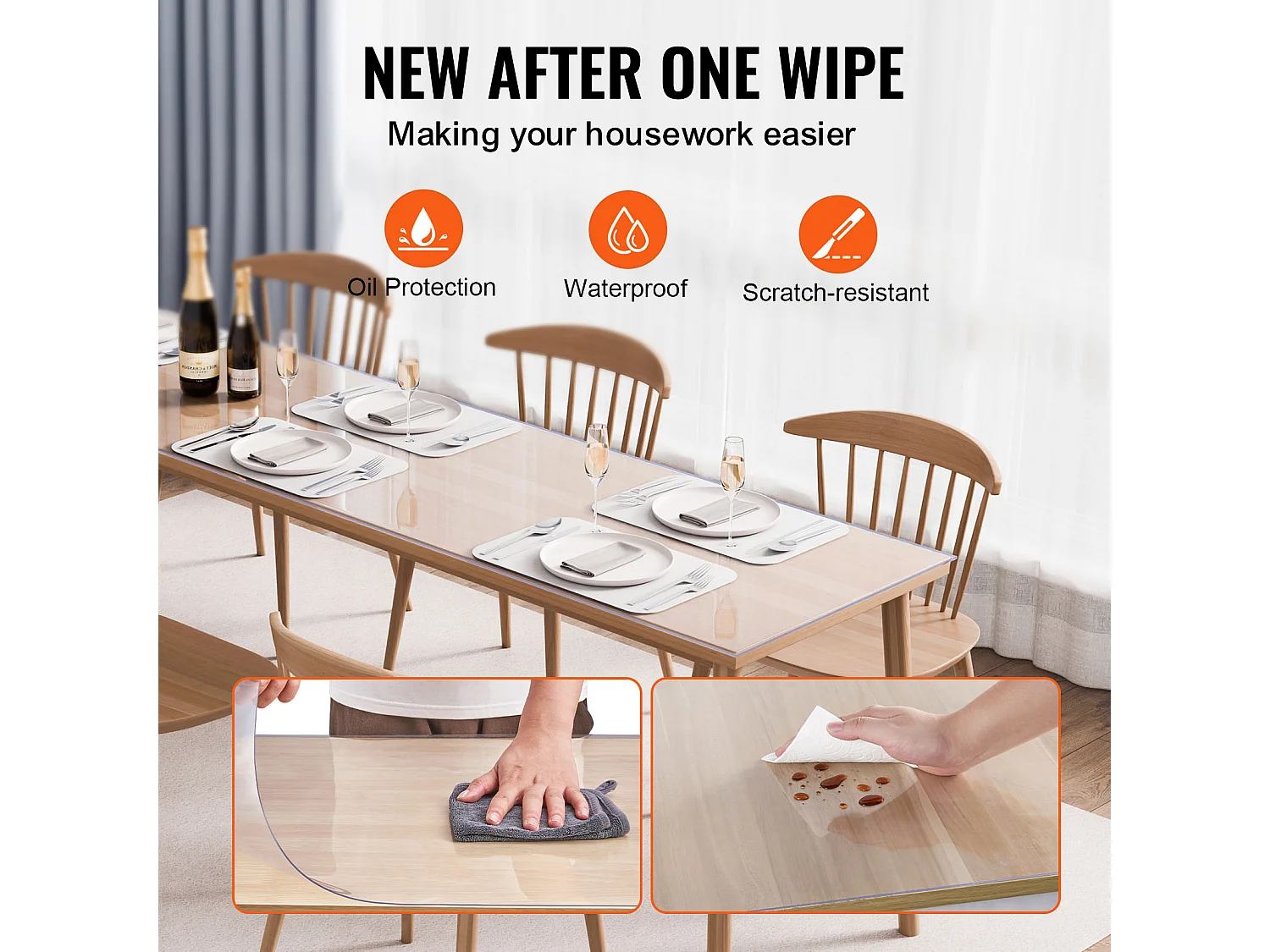 Toalha de Mesa Transparente SucceBuy Protetor de Mesa em PVC, Capa de Plástico Transparente de 106.68 x 243.84 cm, 1,5 mm de Espessura