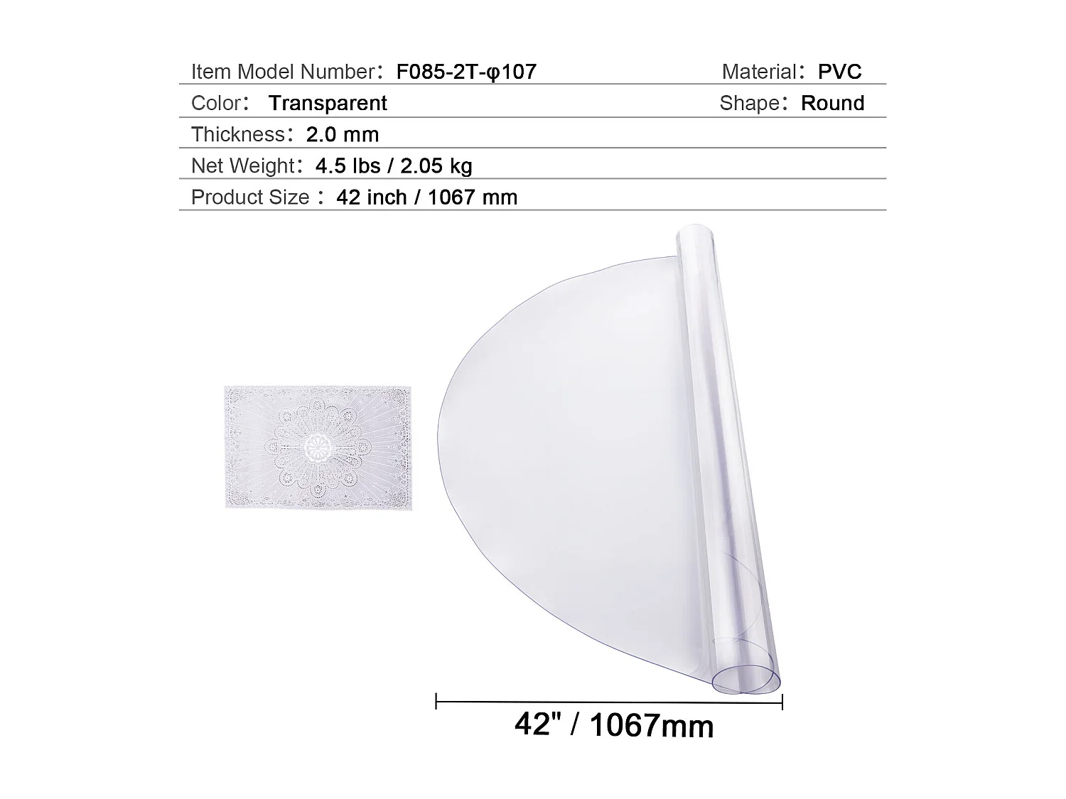 Transparant Tafelkleed SucceBuy PVC Tafelbeschermer, 106 cm Ronde Doorzichtige Plastic Bureau-Onderlegger, 2 mm Dik