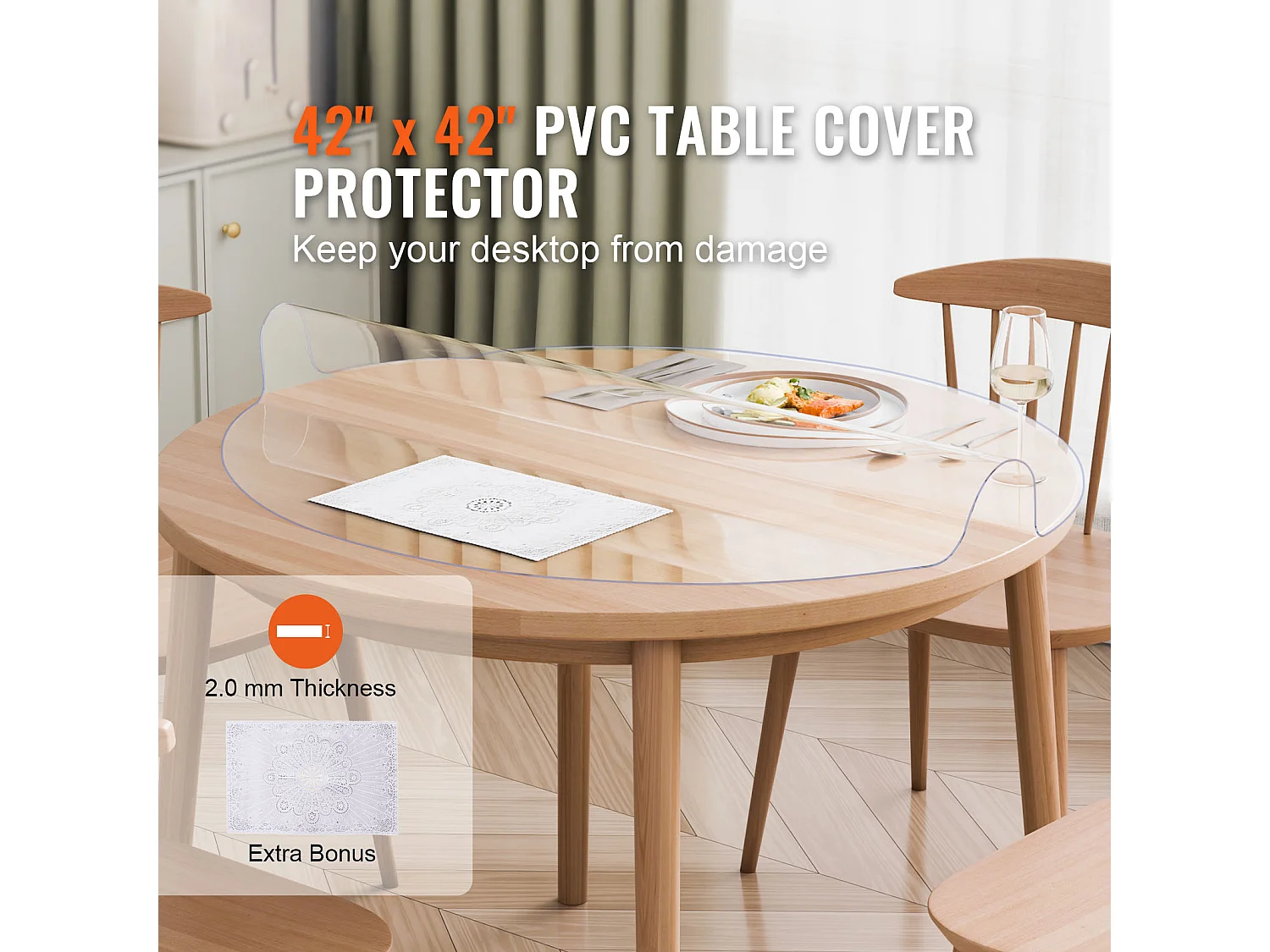 Nappe Transparente SucceBuy Protection de Table en PVC, 106 cm, Sous-Main Ronde en Plastique Transparent, 2 mm d'Épaisseur