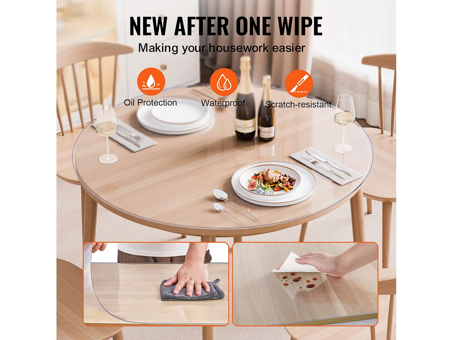 Nappe Transparente SucceBuy Protection de Table en PVC, 106 cm, Sous-Main Ronde en Plastique Transparent, 2 mm d'Épaisseur