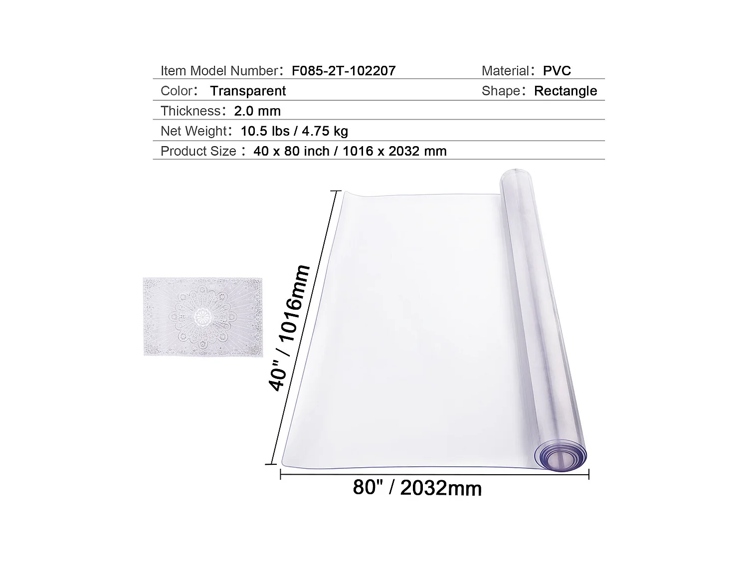 Nappe Transparente SucceBuy Protecteur de Table en PVC 101.6 x 203.2 cm Transparent 2.0 mm d'Épaisseur Housse de Bureau