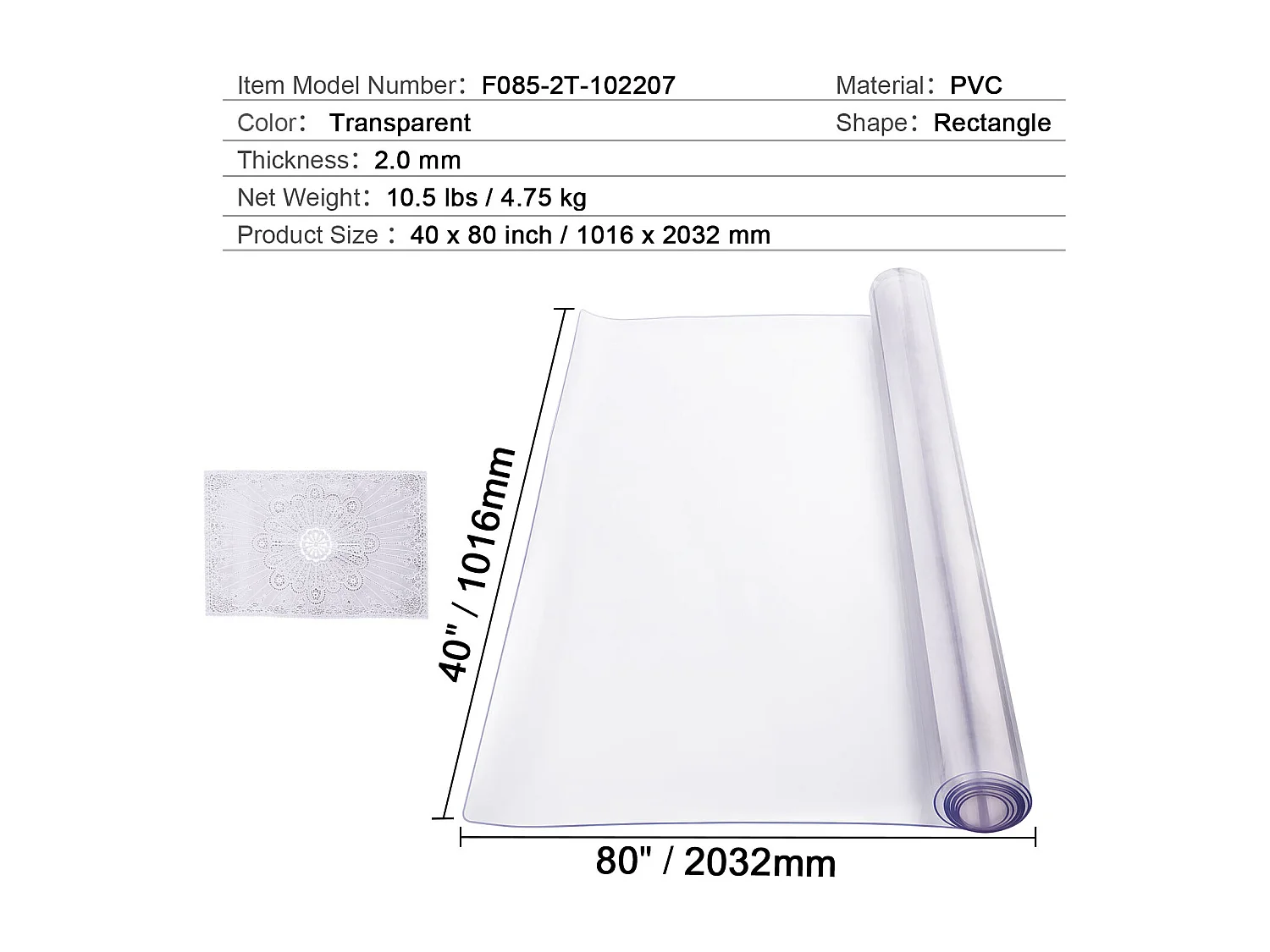 Nappe Transparente SucceBuy Protecteur de Table en PVC 101.6 x 203.2 cm Transparent 2.0 mm d'Épaisseur Housse de Bureau