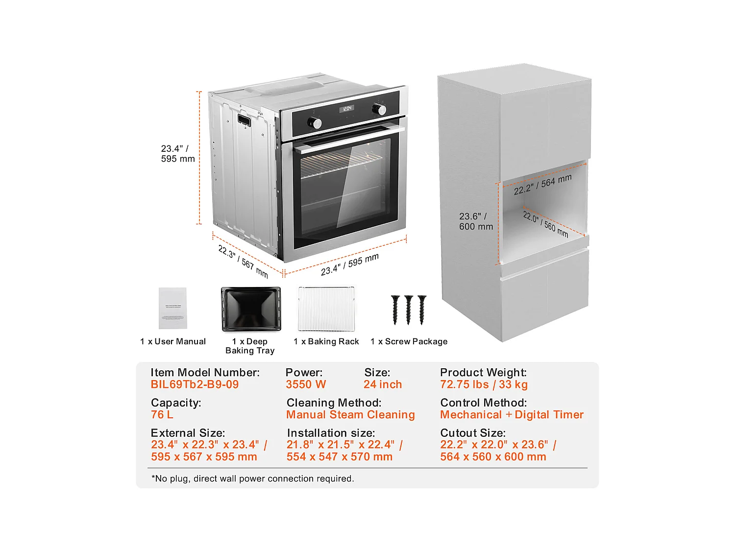 Four Mural Électrique Simple 59.5CM, 9 Fonctions Four Mural Encastrable de 76L, Chauffer Rapidement