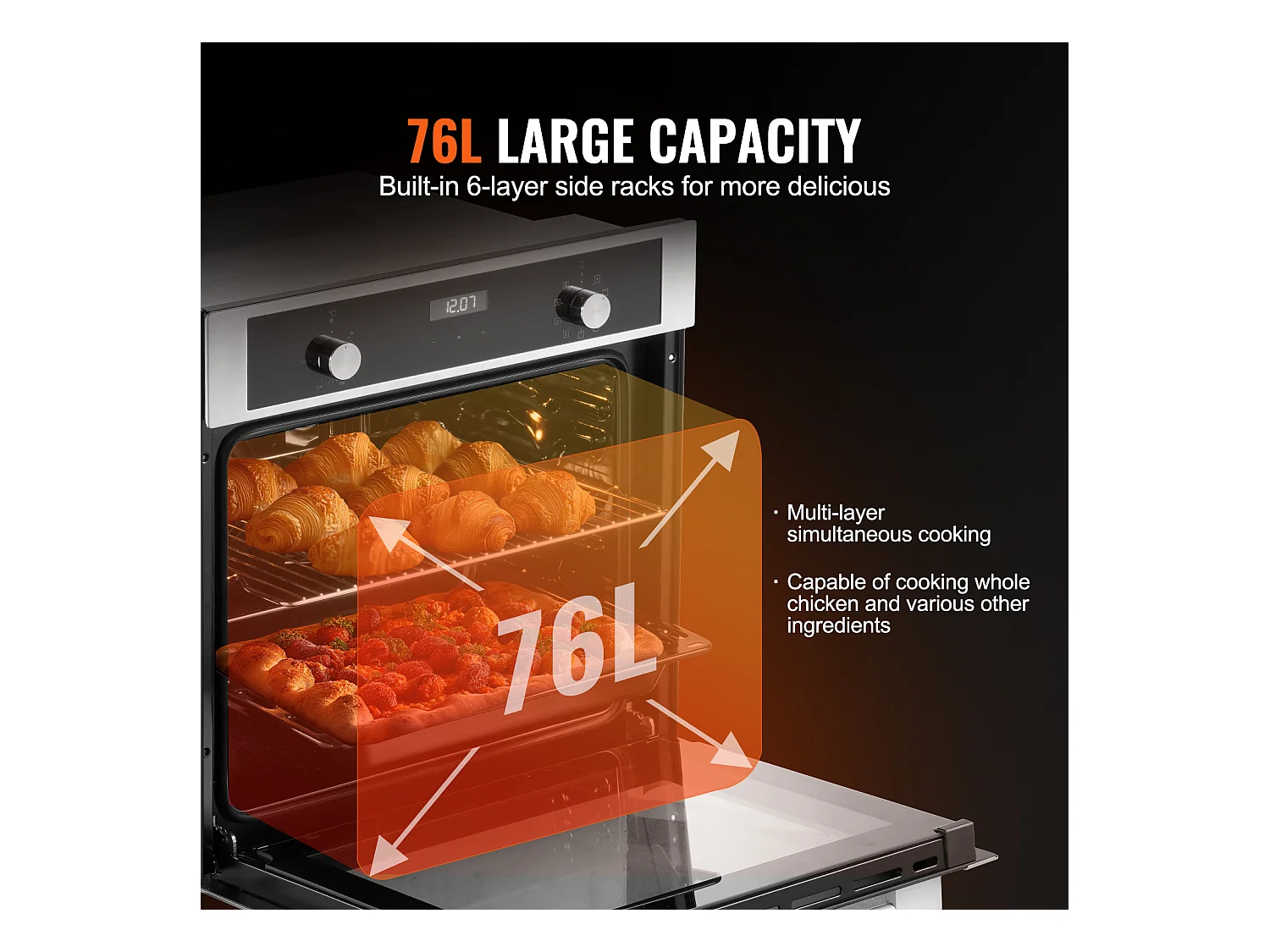 Four Mural Électrique Simple 59.5CM, 9 Fonctions Four Mural Encastrable de 76L, Chauffer Rapidement