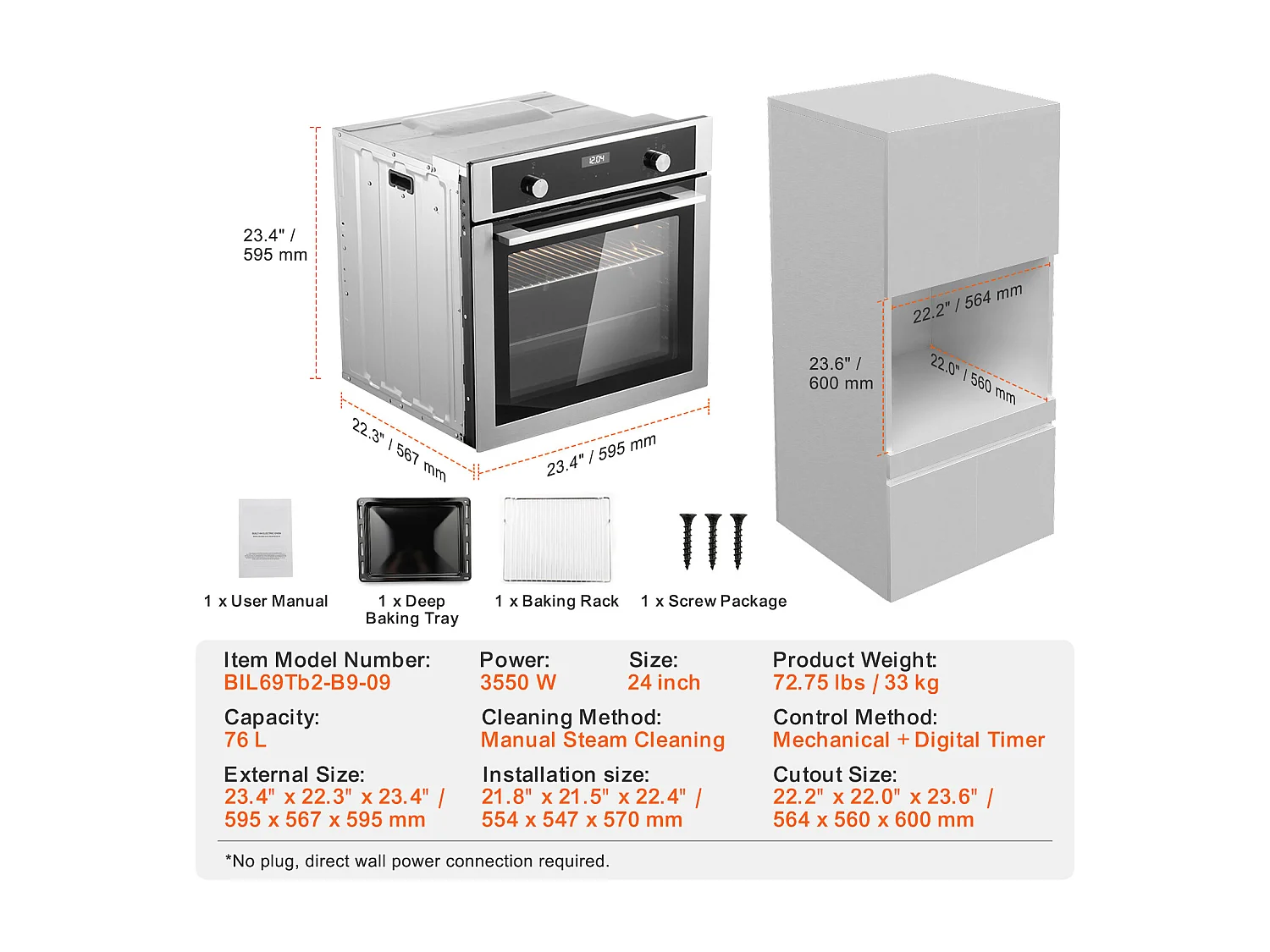 Four Mural Électrique Simple 59.5CM, 9 Fonctions Four Mural Encastrable de 76L, Chauffer Rapidement
