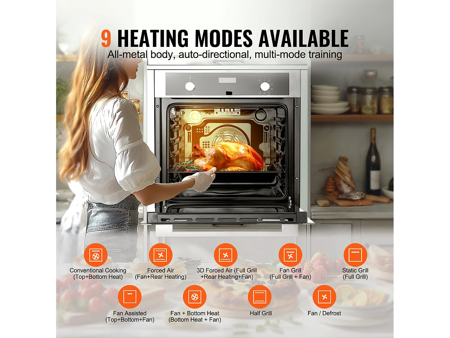 Four Mural Électrique Simple 59.5CM, 9 Fonctions Four Mural Encastrable de 76L, Chauffer Rapidement