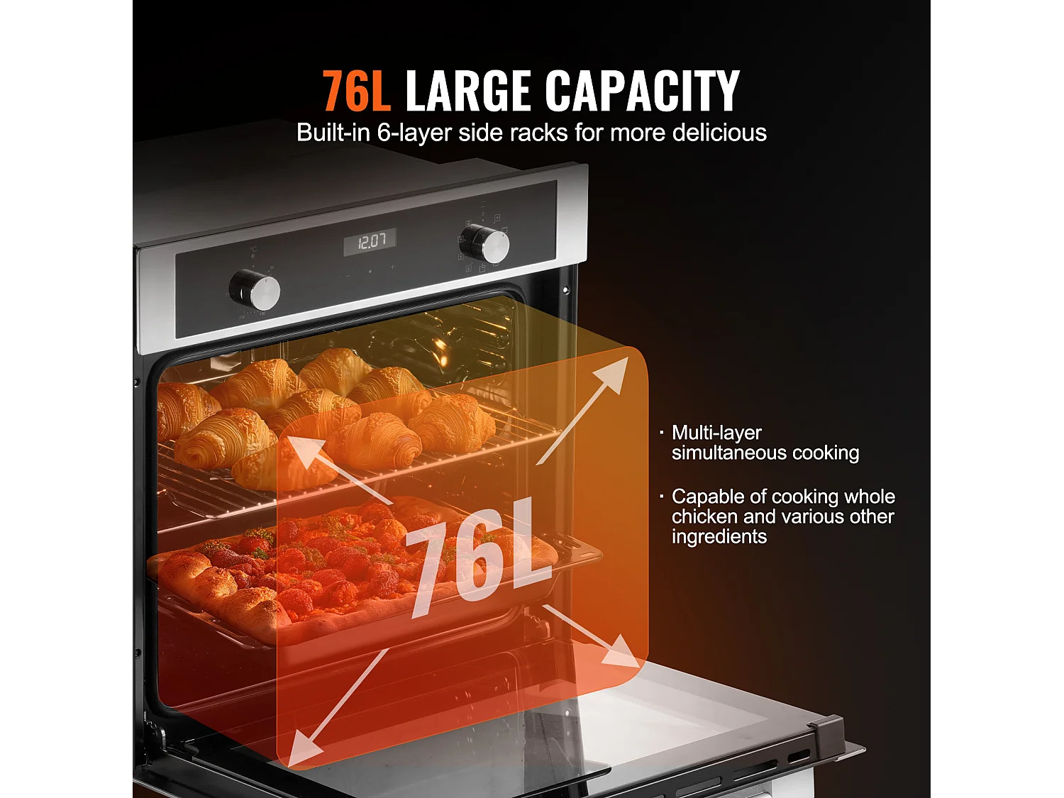 Four Mural Électrique Simple 59.5CM, 9 Fonctions Four Mural Encastrable de 76L, Chauffer Rapidement