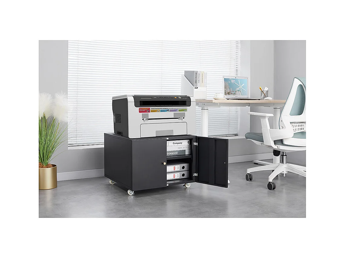 Support d'imprimante en métal avec tables d'impression mobiles avec porte et étagère réglable classeur à roulettes pour bureau à domicile noir