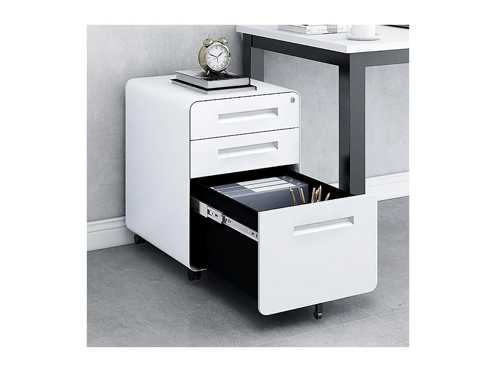 Armoire à dossiers mobile à 3 tiroirs conception à 5 roulettes anti-basculement acier laminé à froid étanche et résistant à l'humidité blanc