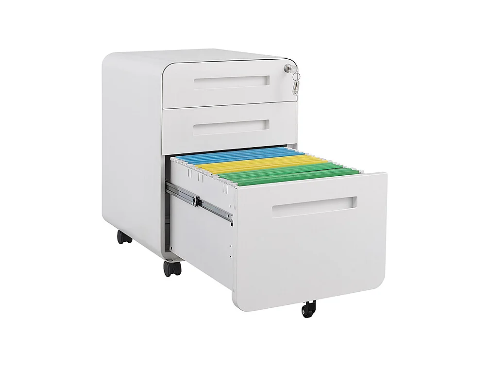 Armoire à dossiers mobile à 3 tiroirs conception à 5 roulettes anti-basculement acier laminé à froid étanche et résistant à l'humidité blanc