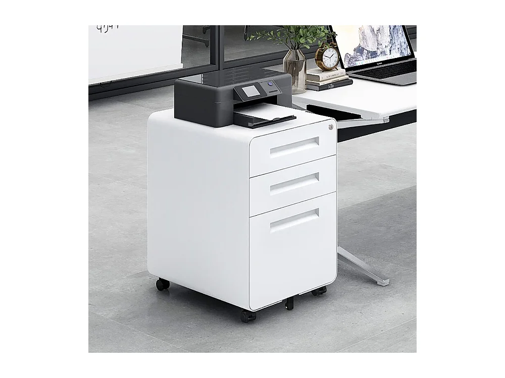 Armoire à dossiers mobile à 3 tiroirs conception à 5 roulettes anti-basculement acier laminé à froid étanche et résistant à l'humidité blanc