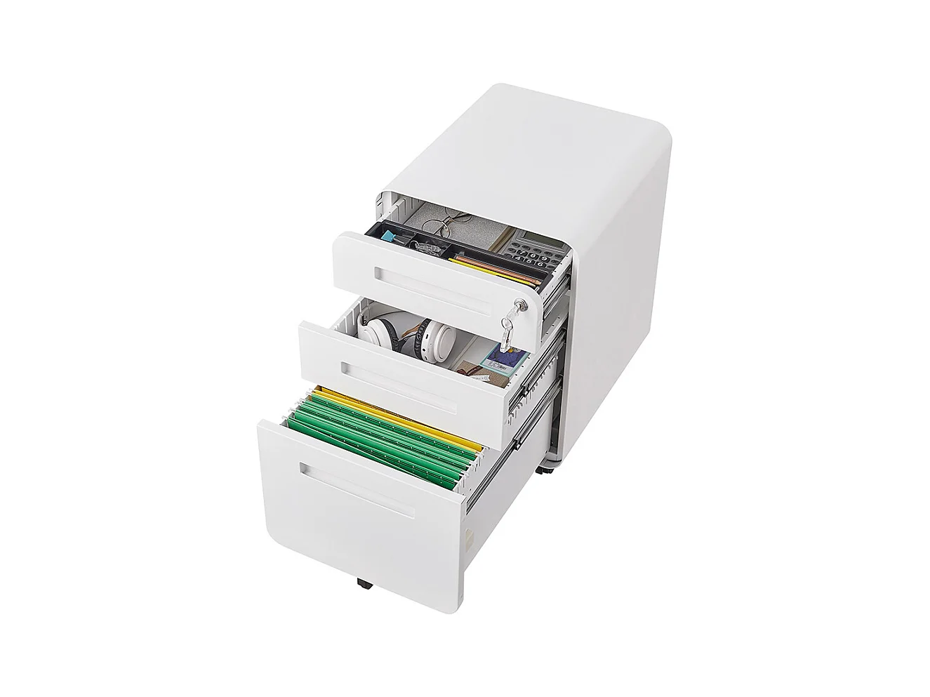 Armoire à dossiers mobile à 3 tiroirs conception à 5 roulettes anti-basculement acier laminé à froid étanche et résistant à l'humidité blanc