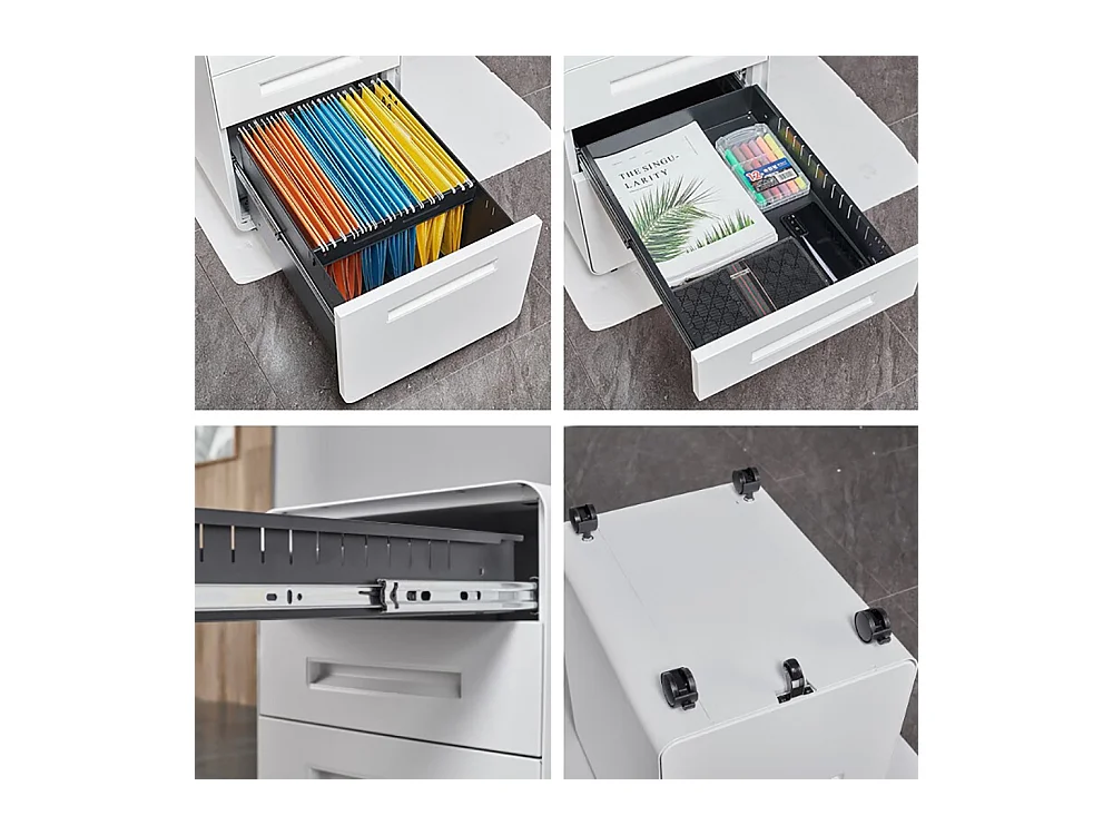 Armoire à dossiers mobile à 3 tiroirs conception à 5 roulettes anti-basculement acier laminé à froid étanche et résistant à l'humidité blanc
