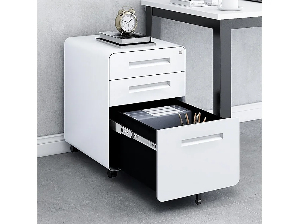 Verrijdbare archiefkast met 3 laden ontwerp met 5 anti-kantelwielen koudgewalst staal, waterdicht en vochtbestendig wit