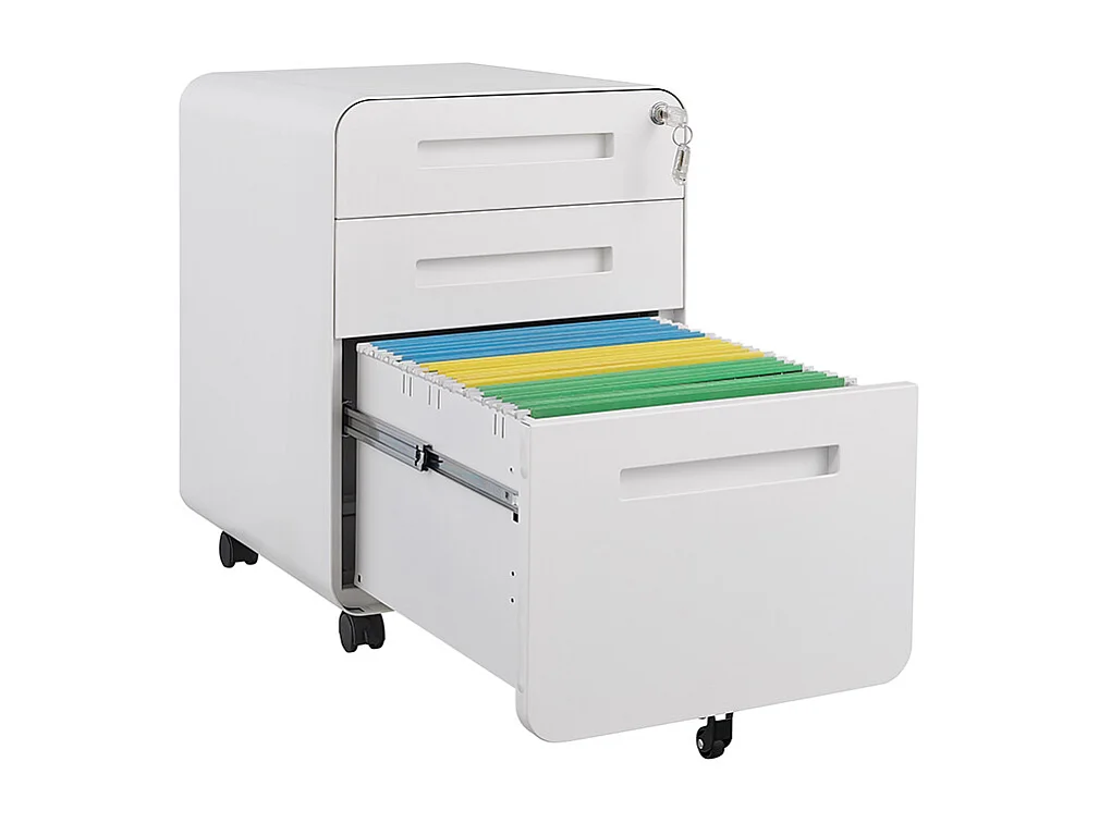 Verrijdbare archiefkast met 3 laden ontwerp met 5 anti-kantelwielen koudgewalst staal, waterdicht en vochtbestendig wit