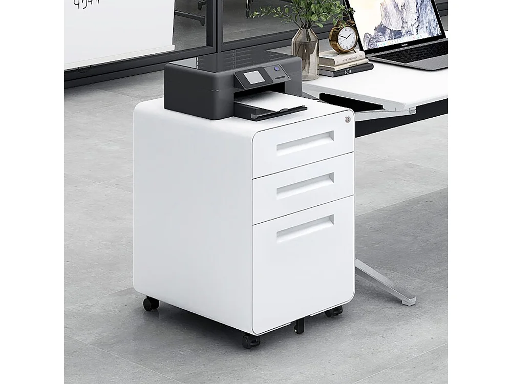 Verrijdbare archiefkast met 3 laden ontwerp met 5 anti-kantelwielen koudgewalst staal, waterdicht en vochtbestendig wit