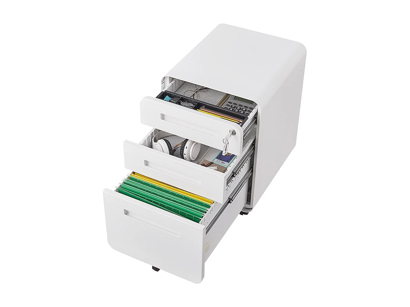 Verrijdbare archiefkast met 3 laden ontwerp met 5 anti-kantelwielen koudgewalst staal, waterdicht en vochtbestendig wit