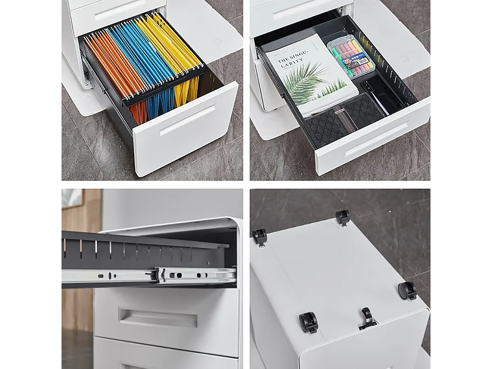 Verrijdbare archiefkast met 3 laden ontwerp met 5 anti-kantelwielen koudgewalst staal, waterdicht en vochtbestendig wit