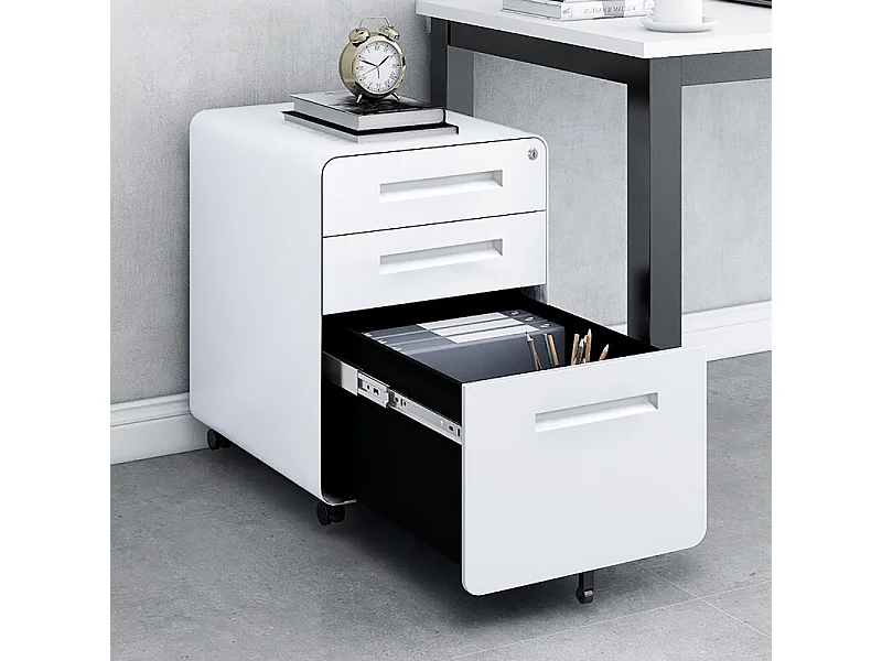 Armoire à dossiers mobile à 3 tiroirs conception à 5 roulettes anti-basculement acier laminé à froid étanche et résistant à l'humidité blanc