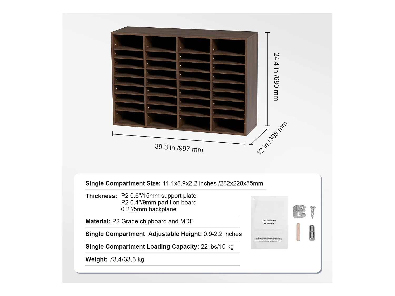 Organisateur de Bureau en Bois SucceBuy, Organiseur de Documents, 36 Compartiments RÉglables, Marron