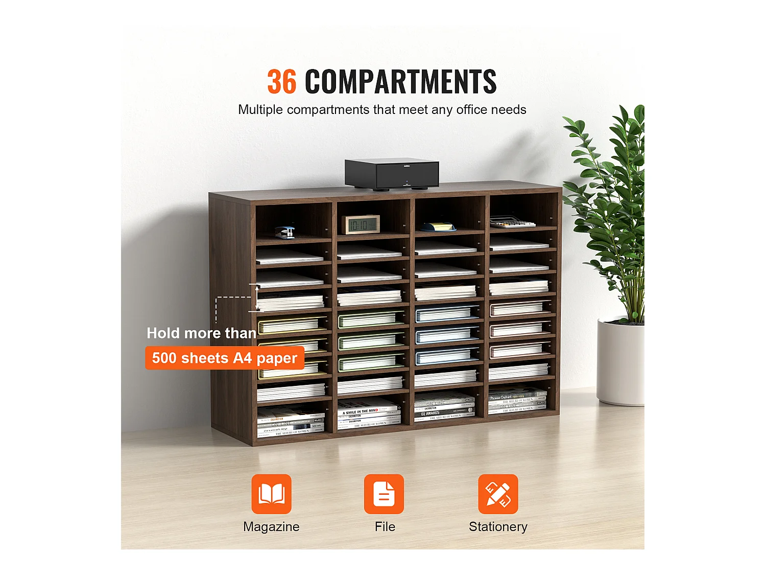 Organisateur de Bureau en Bois SucceBuy, Organiseur de Documents, 36 Compartiments RÉglables, Marron
