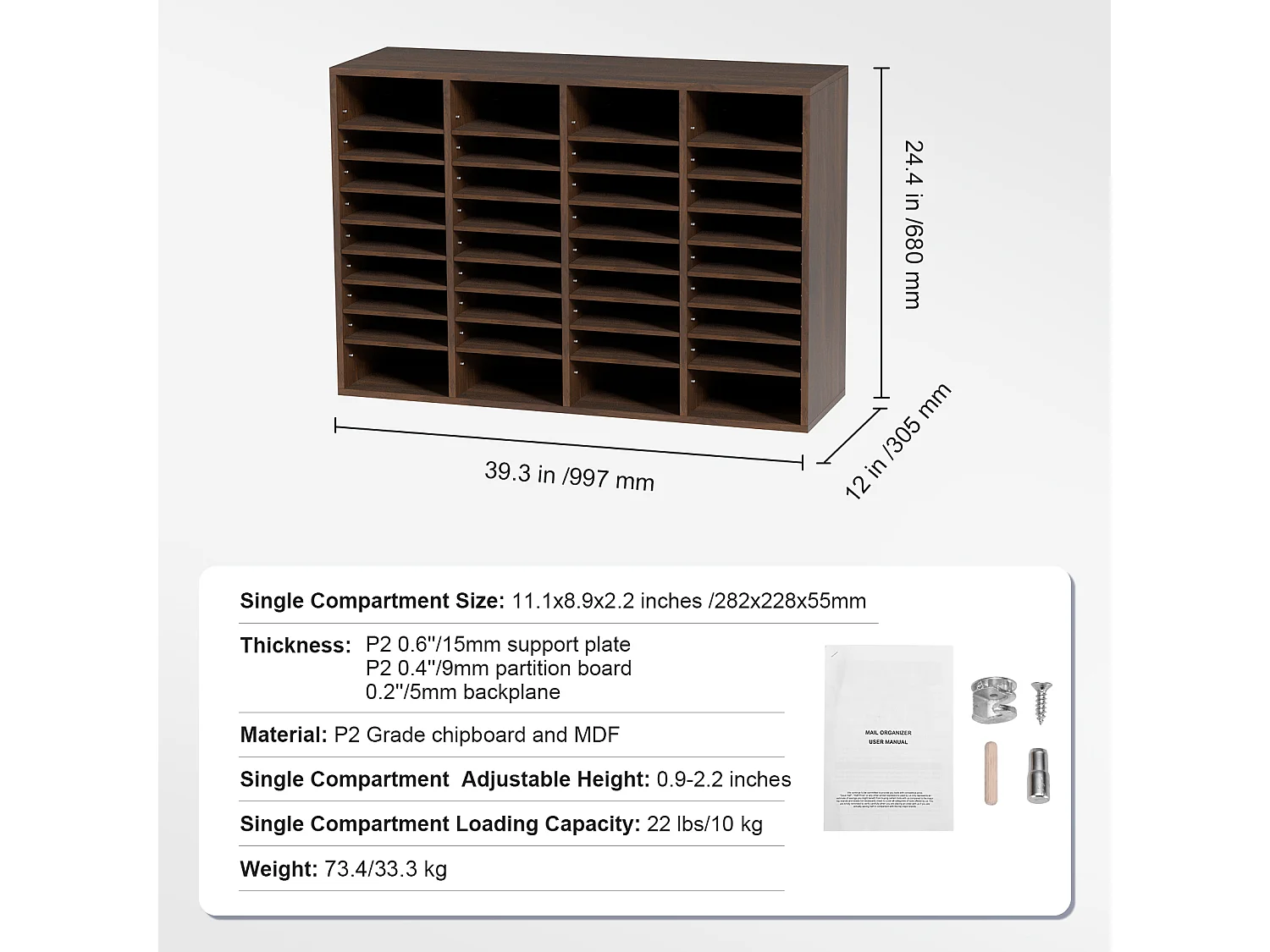 Organisateur de Bureau en Bois SucceBuy, Organiseur de Documents, 36 Compartiments RÉglables, Marron