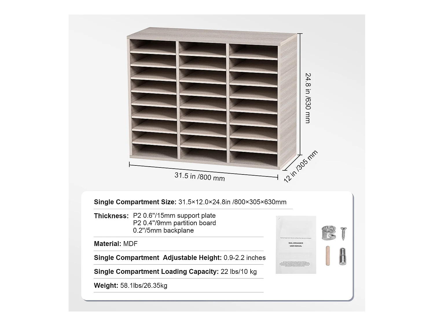 Organisateur de Bureau en Bois SucceBuy, Organiseur de Documents, 27 Emplacements, Gris