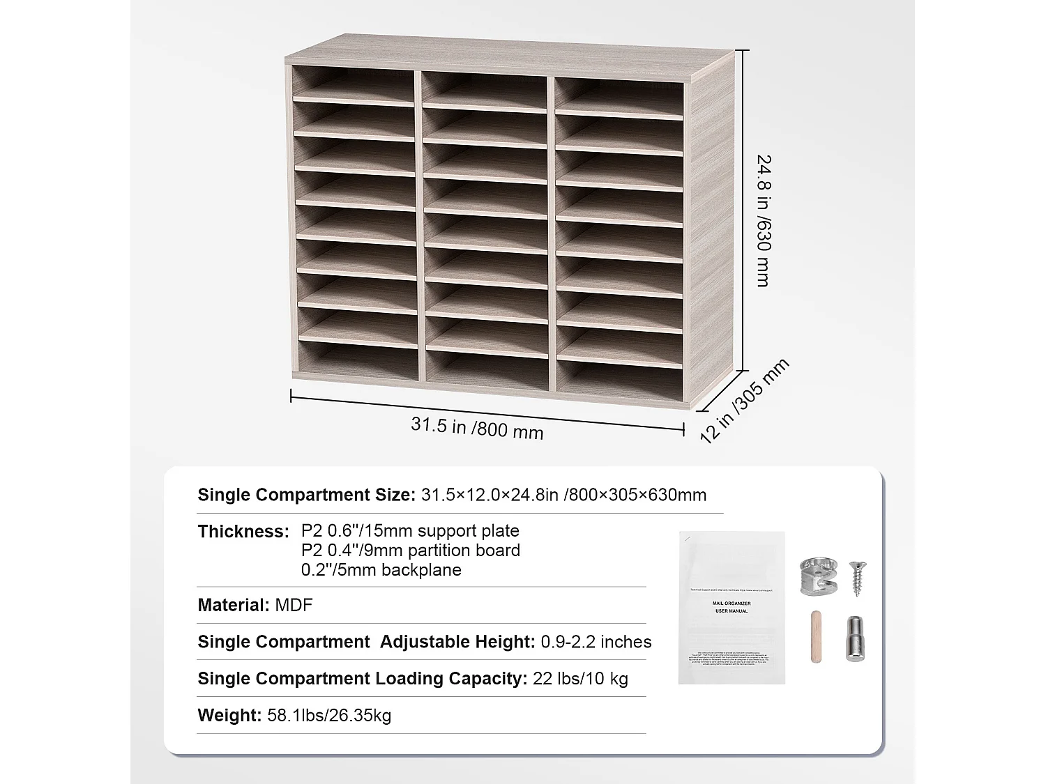 Organisateur de Bureau en Bois SucceBuy, Organiseur de Documents, 27 Emplacements, Gris