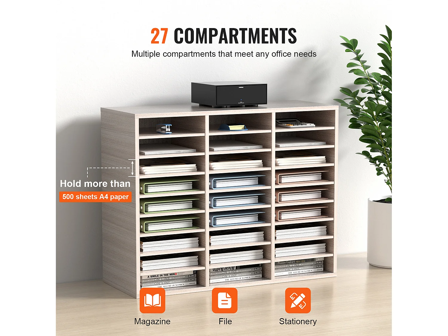 Organisateur de Bureau en Bois SucceBuy, Organiseur de Documents, 27 Emplacements, Gris