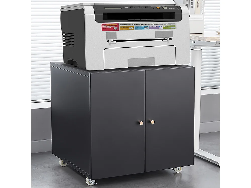 Metalen printerstandaard met verplaatsbare printertafels voor kleine ruimtes met verstelbare archiefkast op wielen zwart