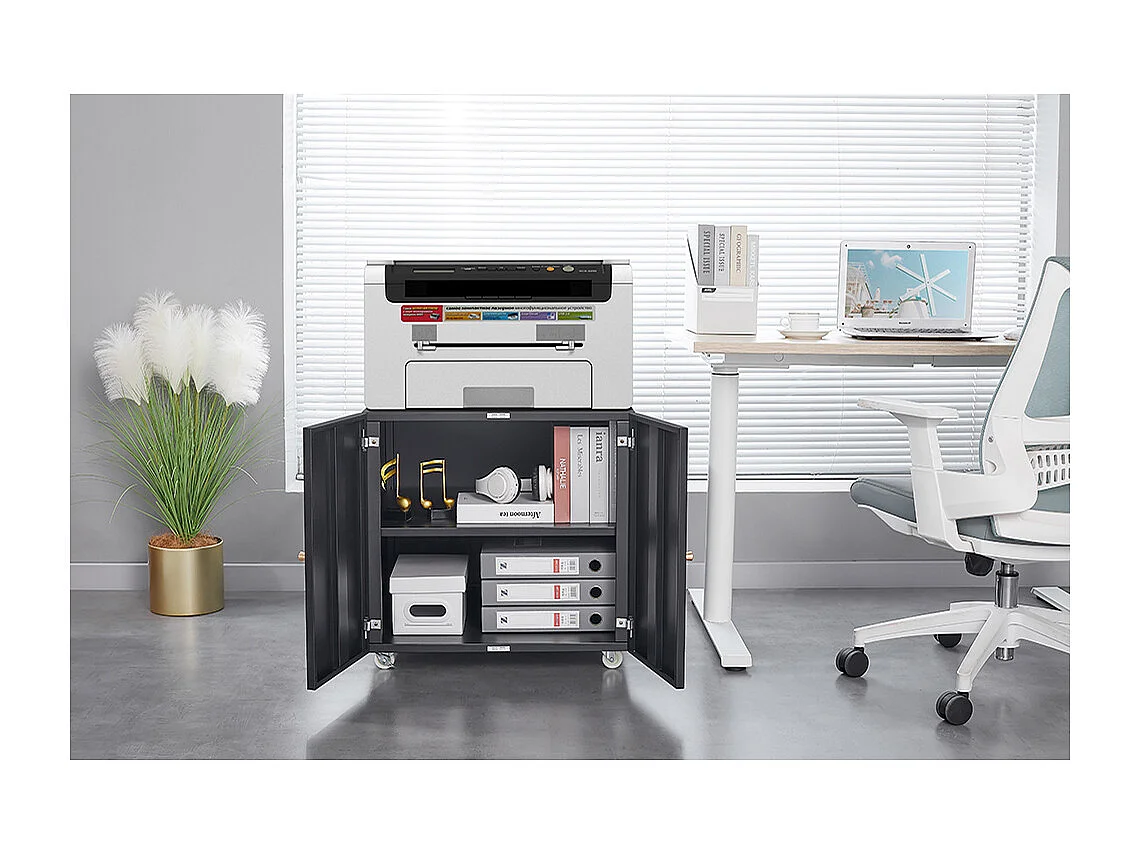 Metalen printerstandaard met verplaatsbare printertafels voor kleine ruimtes met verstelbare archiefkast op wielen zwart