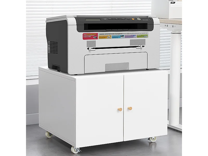 Printerstandaard met verplaatsbare printertafels met deur en verstelbare legplank archiefkast op wielen wit