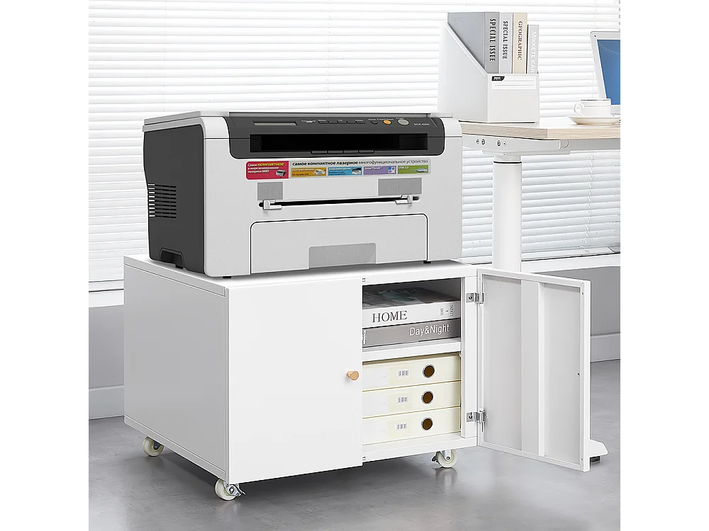 Support d'imprimante avec tables d'imprimante mobiles de rangement avec porte et étagère réglable armoire à dossiers sur roulettes blanc