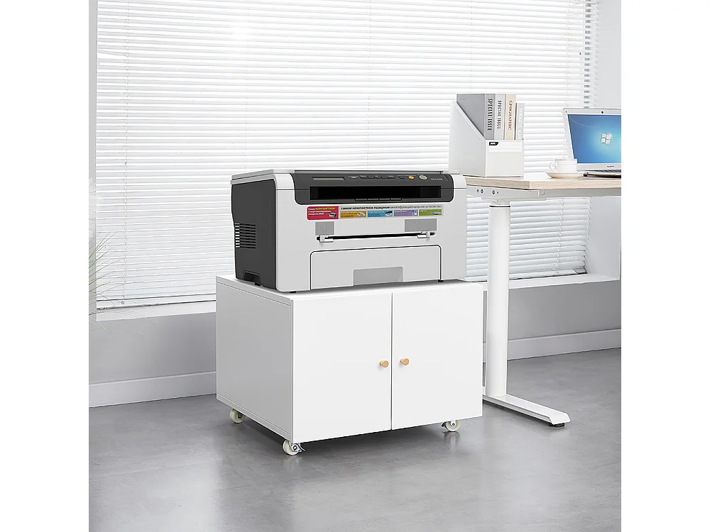 Support d'imprimante avec tables d'imprimante mobiles de rangement avec porte et étagère réglable armoire à dossiers sur roulettes blanc