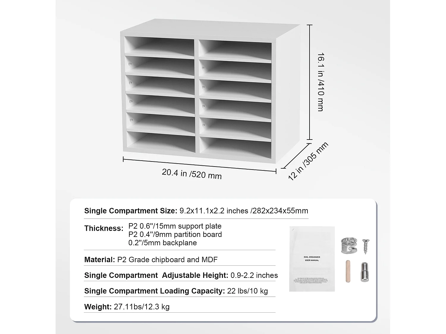 Organisateur de Bureau en Bois SucceBuy, Trieur de Dossiers RÉglable, 12 Compartiments, Blanc