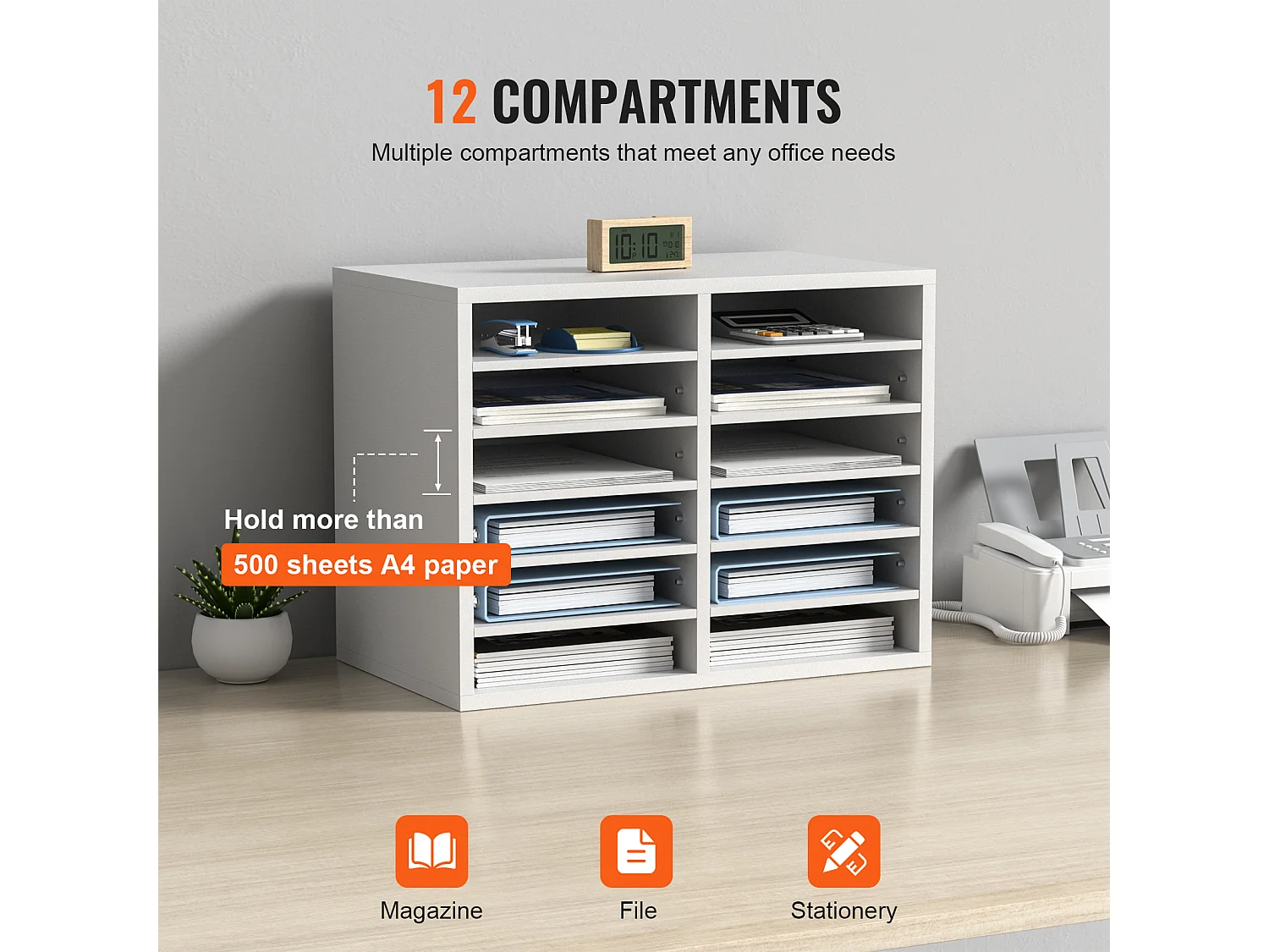 Organisateur de Bureau en Bois SucceBuy, Trieur de Dossiers RÉglable, 12 Compartiments, Blanc