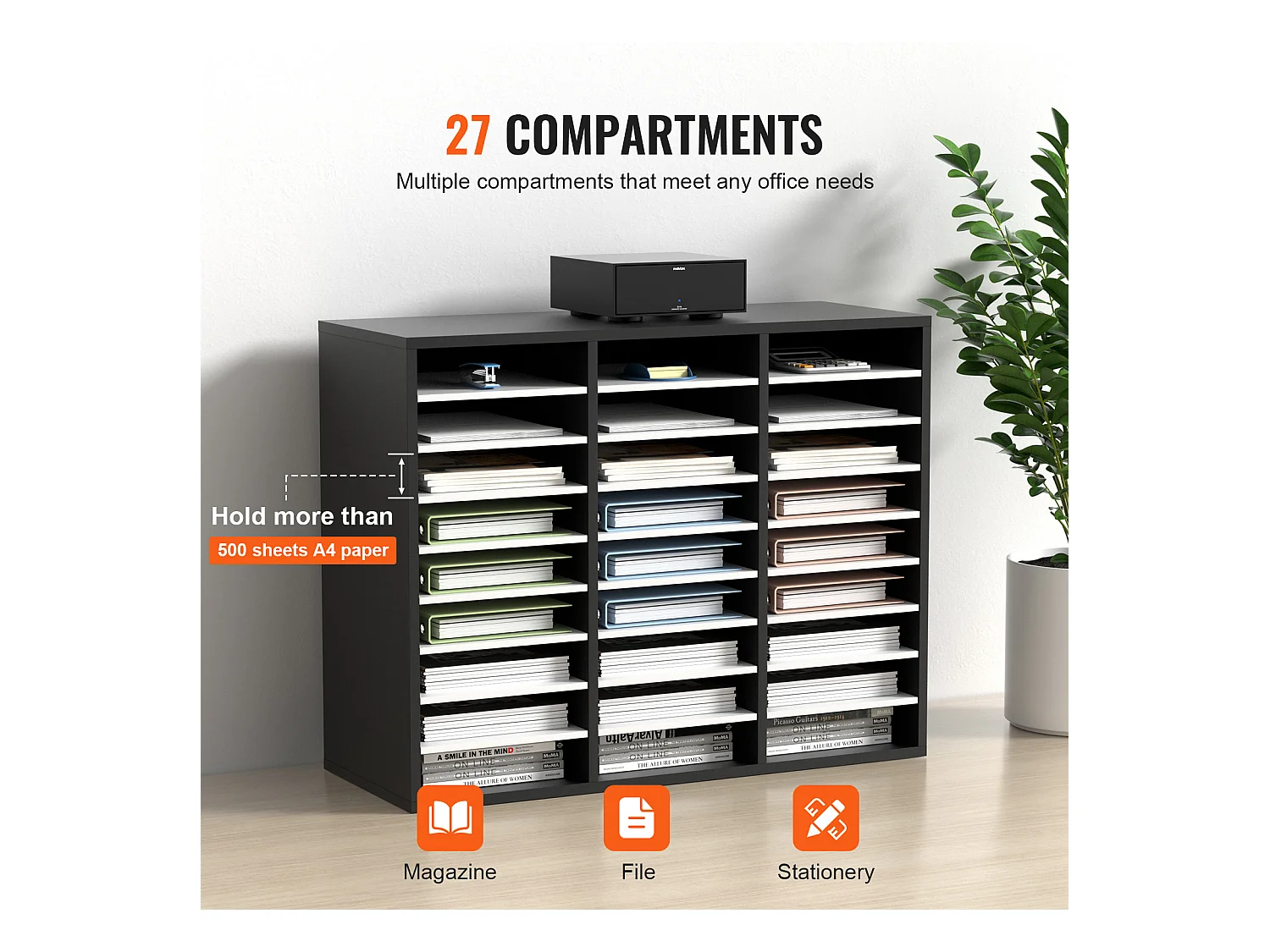 Organisateur de Bureau en Bois SucceBuy, Organiseur de Littérature, doté de 27 Emplacements, Noir