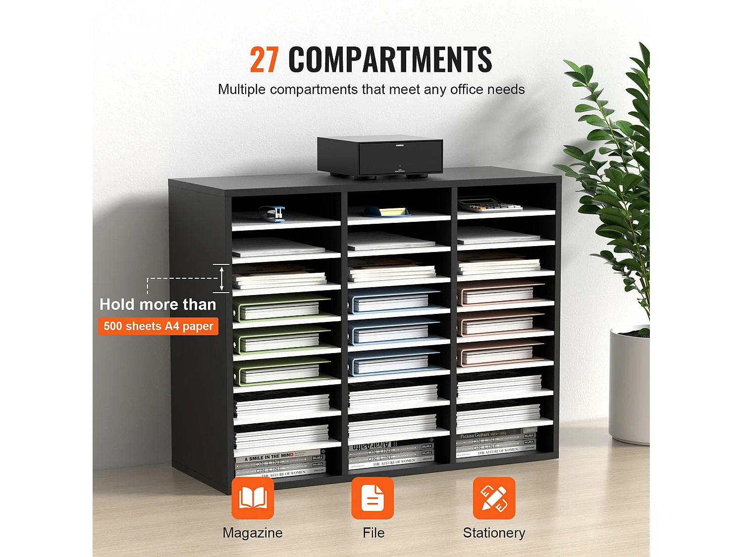 Organisateur de Bureau en Bois SucceBuy, Organiseur de Littérature, doté de 27 Emplacements, Noir