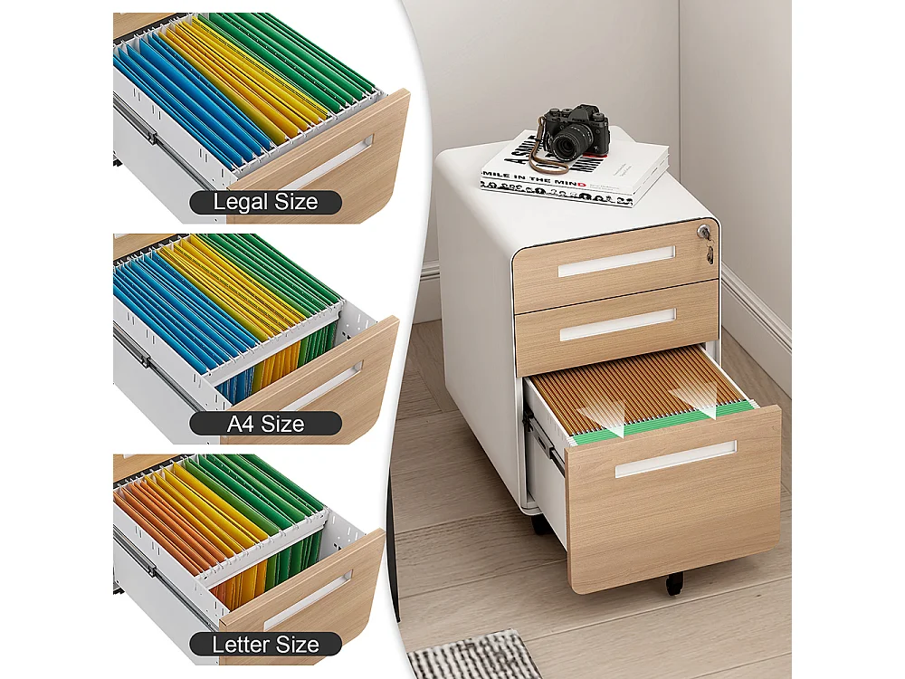 Classeur mobile à 3 tiroirs rangement polyvalent conception à 5 roulettes anti-basculement acier laminé à froid étanche et résistant à l'humidité blanc