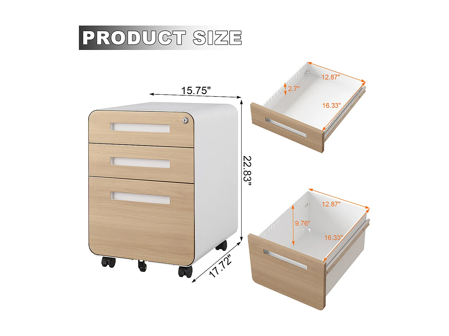 Classeur mobile à 3 tiroirs rangement polyvalent conception à 5 roulettes anti-basculement acier laminé à froid étanche et résistant à l'humidité blanc