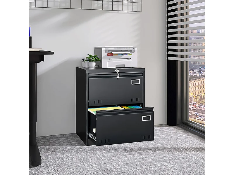 Zijdelingse archiefkast met 2 laden en slot, verticale archiefkast, metalen archiefkast met slot, montage vereist, zwart