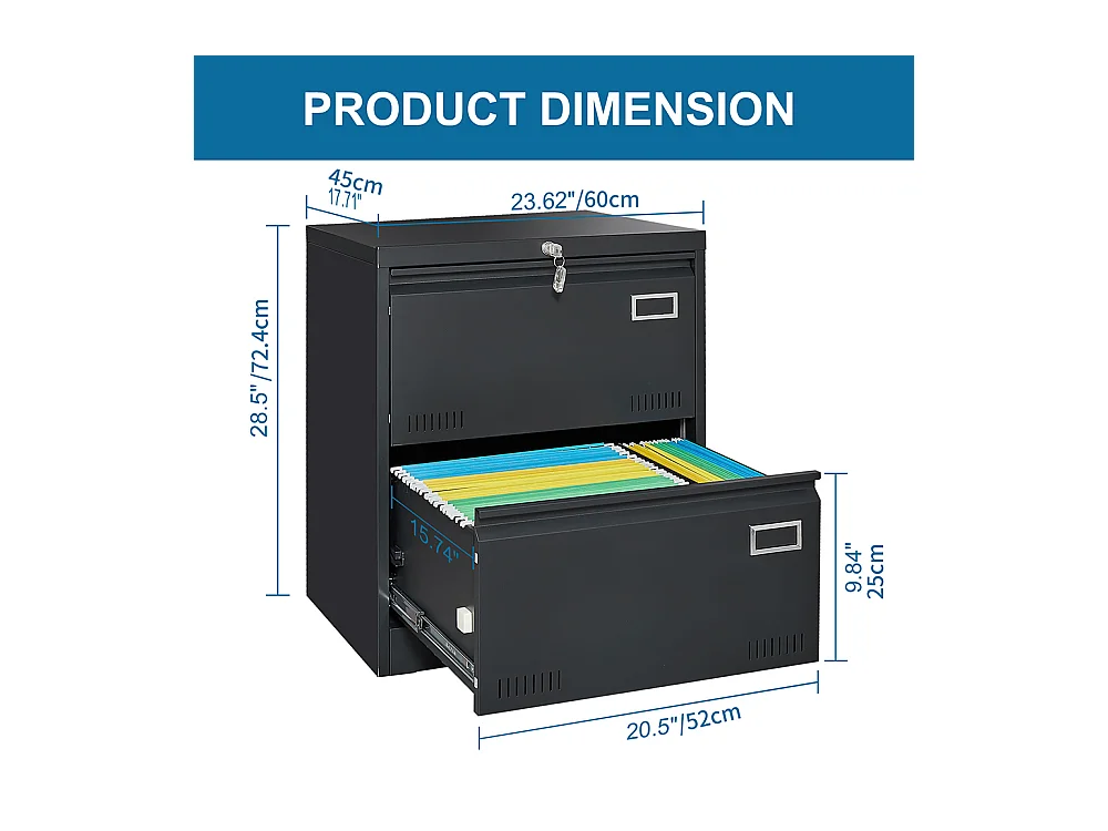 Armoire à dossiers latérale à 2 tiroirs avec serrure armoire à dossiers verticale armoire à dossiers métallique verrouillable assemblage requis noir