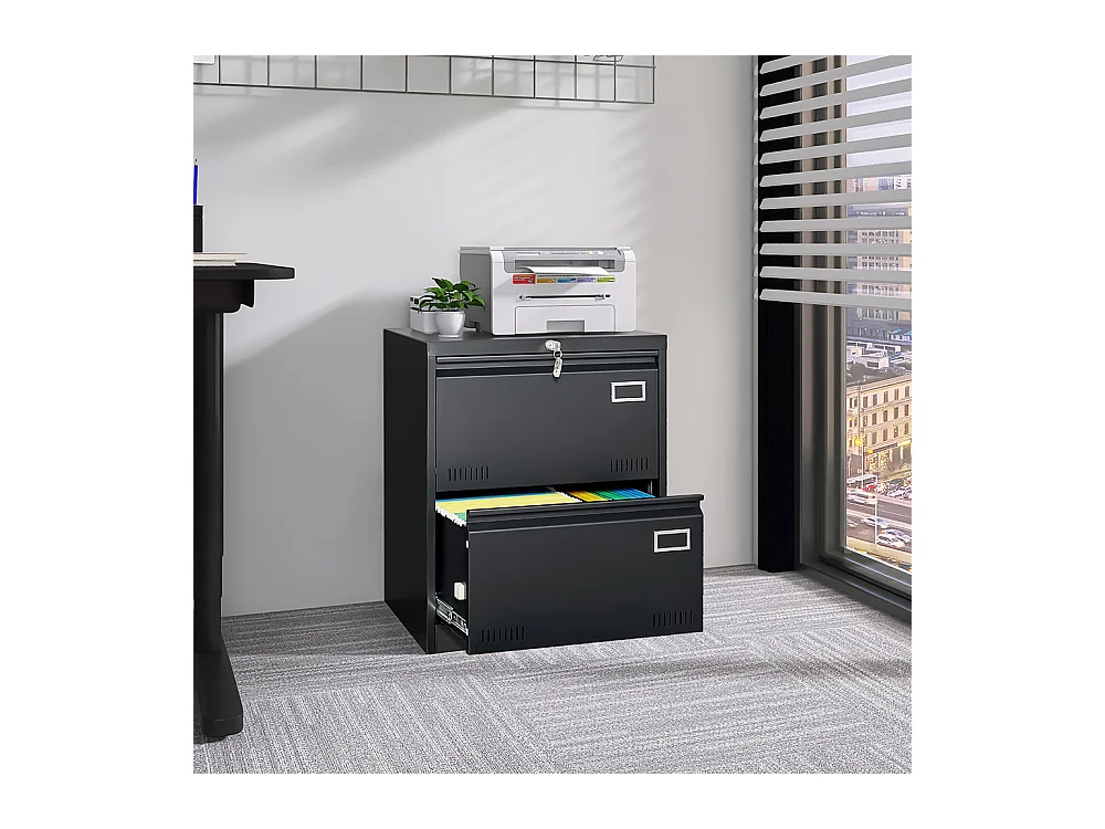 Zijdelingse archiefkast met 2 laden en slot, verticale archiefkast, metalen archiefkast met slot, montage vereist, zwart