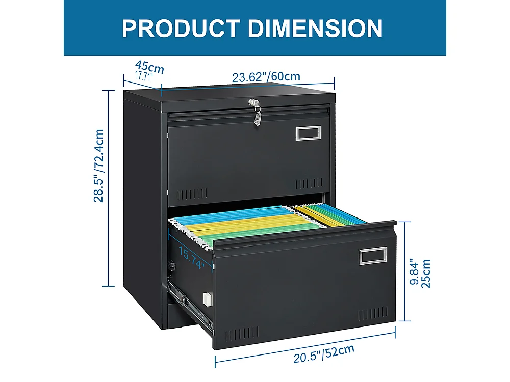 Armoire à dossiers latérale à 2 tiroirs avec serrure armoire à dossiers verticale armoire à dossiers métallique verrouillable assemblage requis noir