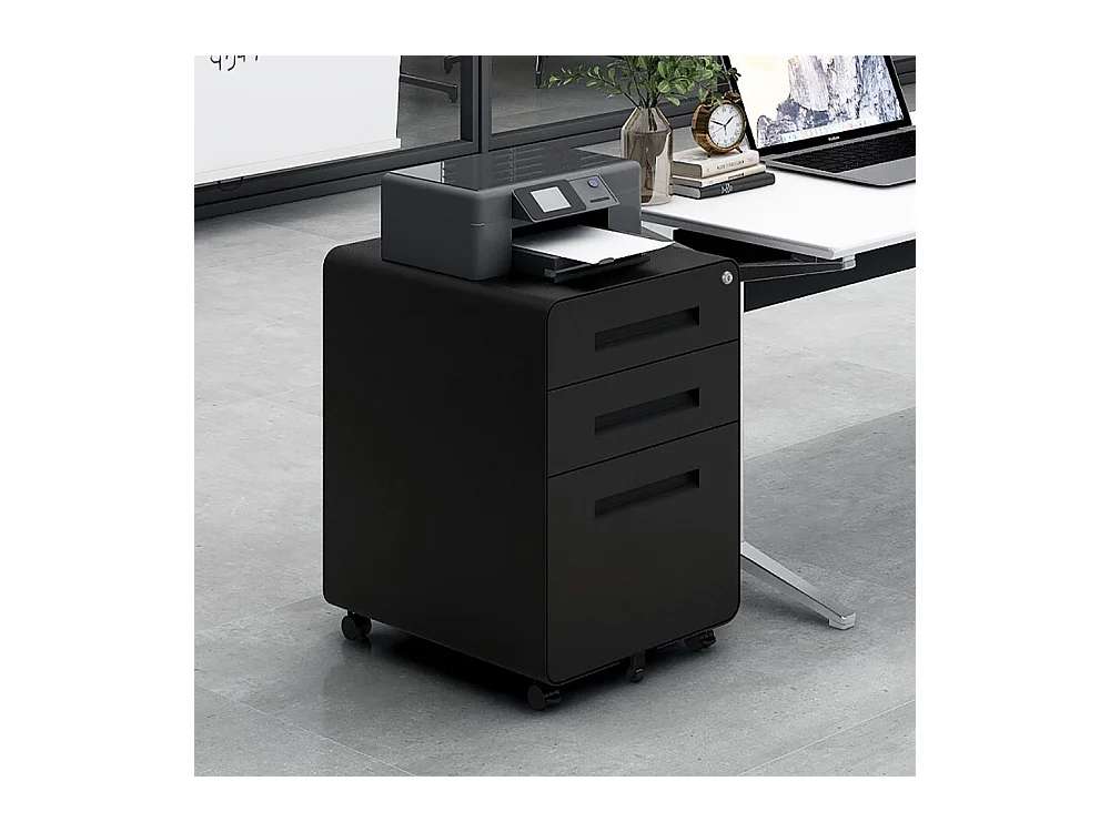 Armoire à dossiers mobile à 3 tiroirs conception à 5 roulettes anti-basculement acier laminé à froid étanche et résistant à l'humidité noir