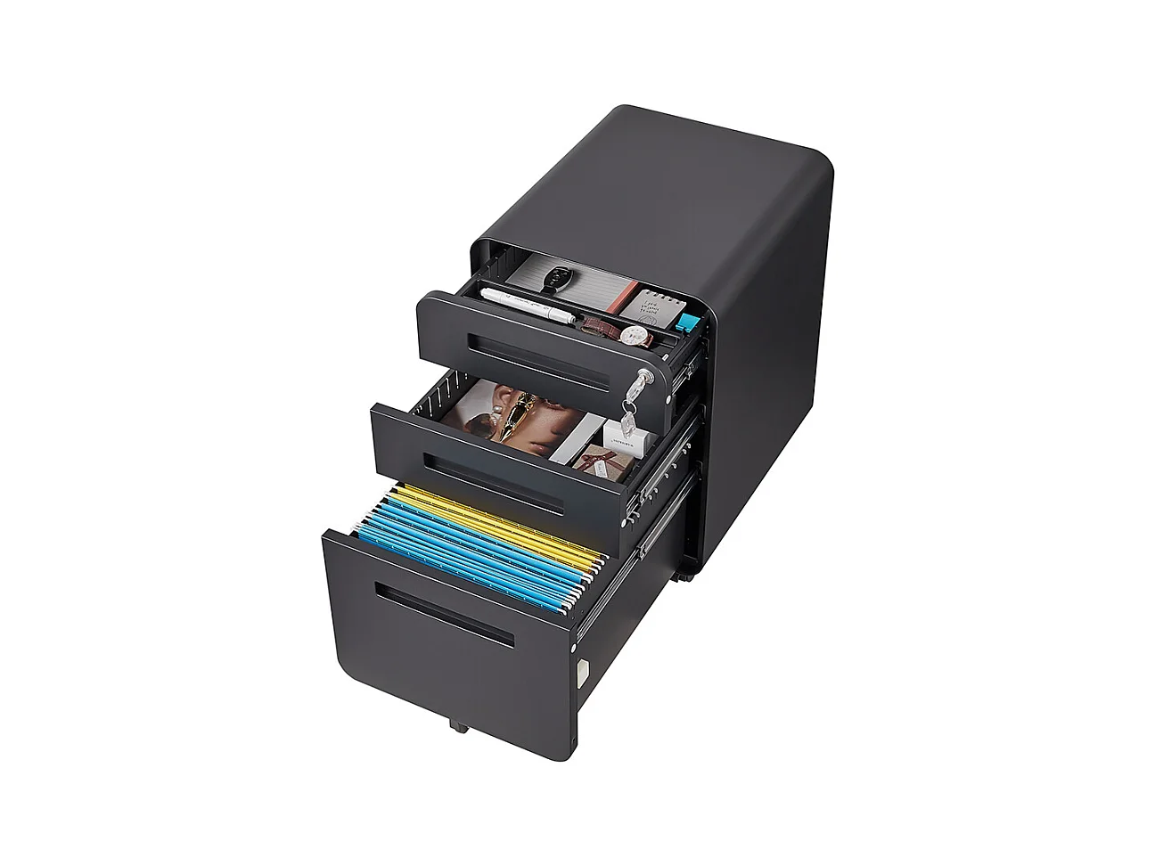 Armoire à dossiers mobile à 3 tiroirs conception à 5 roulettes anti-basculement acier laminé à froid étanche et résistant à l'humidité noir