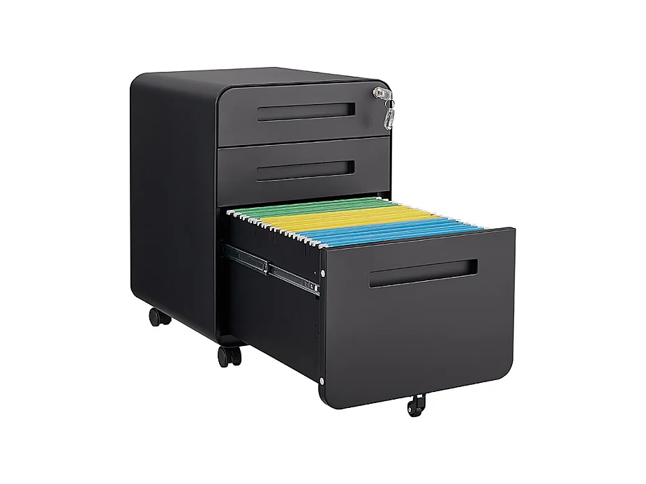 Armoire à dossiers mobile à 3 tiroirs conception à 5 roulettes anti-basculement acier laminé à froid étanche et résistant à l'humidité noir